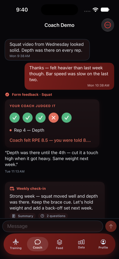 The coach's grade and feedback in the chat
